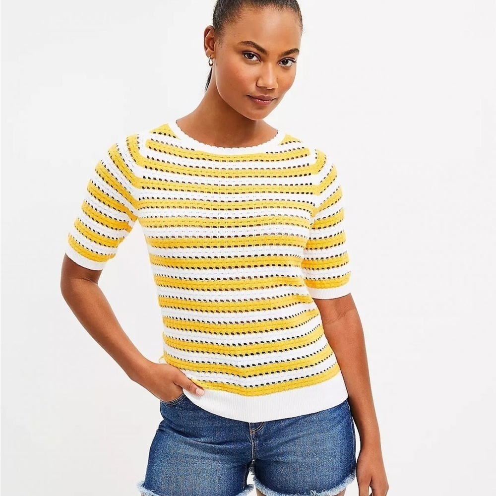 LOFT yellow and white stripe pointelle sweater tee 3/48$
